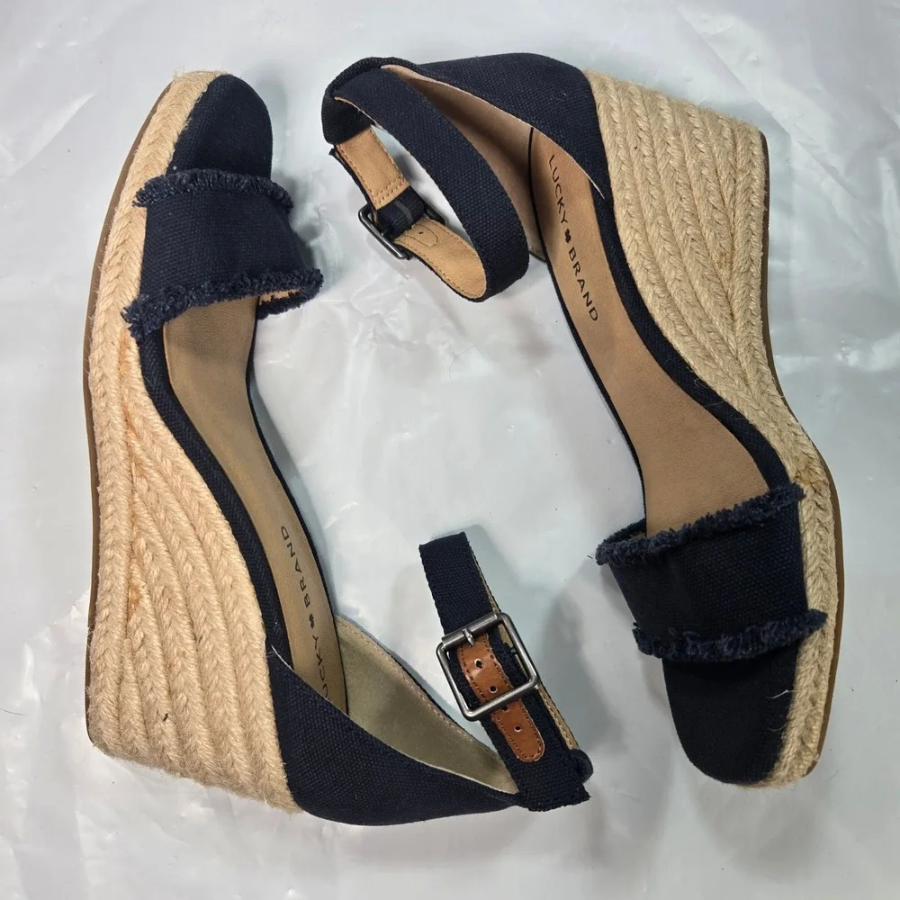 Sandals Wedge Shoes Womens Lucky Brand Menika Navy Blue Canvas Espadrille 8M
